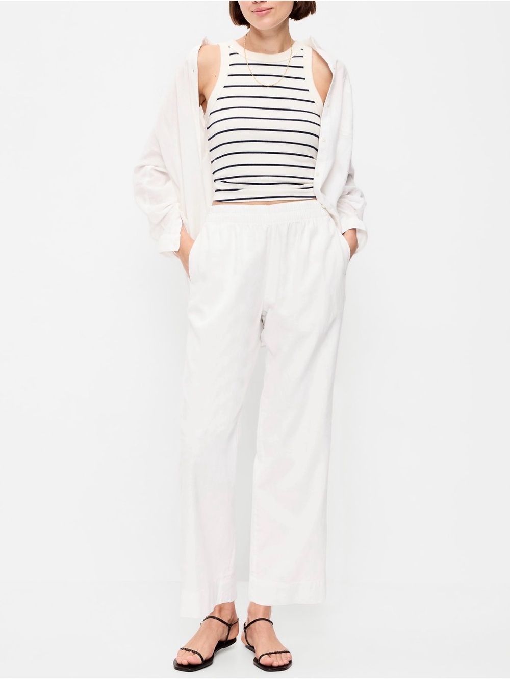 Old Navy Linen-Blend Straight Ankle High-Rise Pants in White Lilies XL NWT